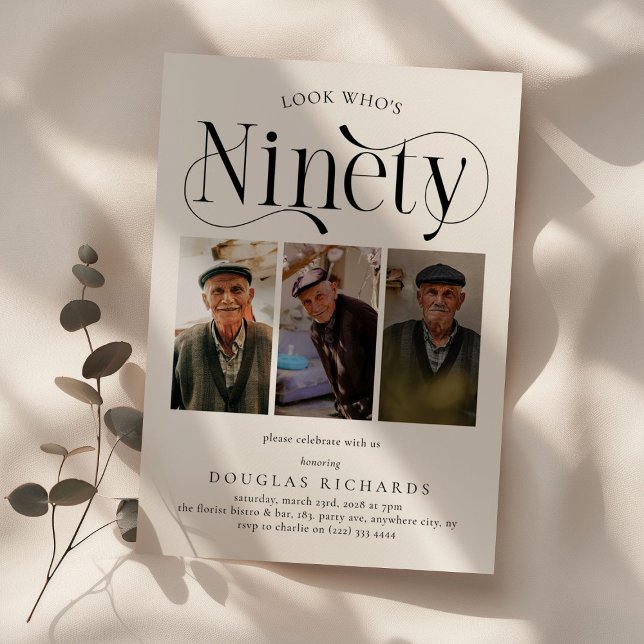 Elegant NINETY 3 photo collage 90th Birthday Invitation (Creator Uploaded)