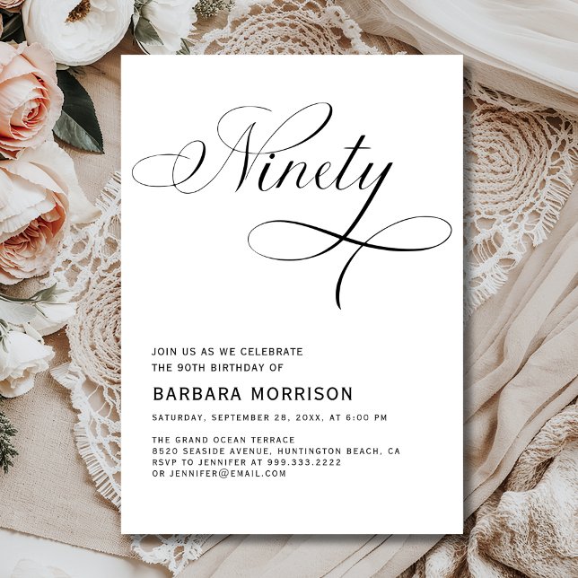 Elegant Ninety 90th Script Minimalist Birthday Invitation (Creator Uploaded)