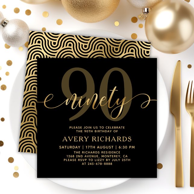 Elegant Ninety Gold Script Black 90th Birthday Invitation (Creator Uploaded)