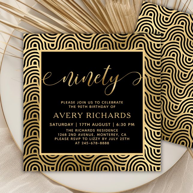 Elegant Ninety Gold Script Black 90th Birthday Invitation (Creator Uploaded)