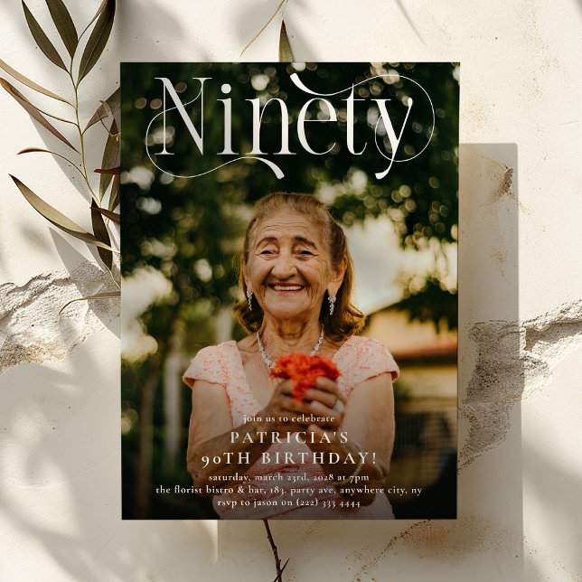 Elegant NINETY Photo 90th Birthday Party Invitation (Creator Uploaded)