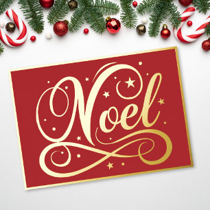 Elegant Noel Script Red Gold Christmas Foil Holiday Card