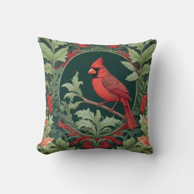 Elegant Northern Cardinal William Morris Inspired  Cushion (Front)