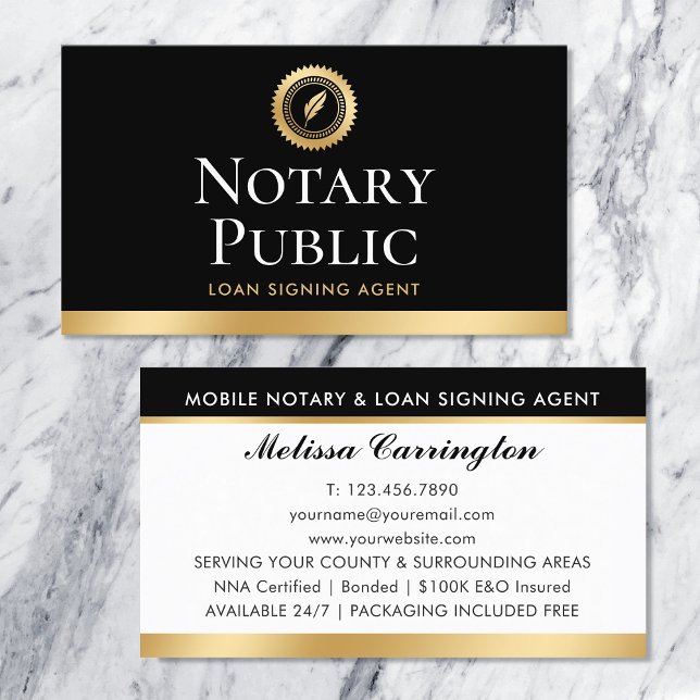 Elegant Notary Loan Signing Agent Gold Black Business Card (Creator Uploaded)