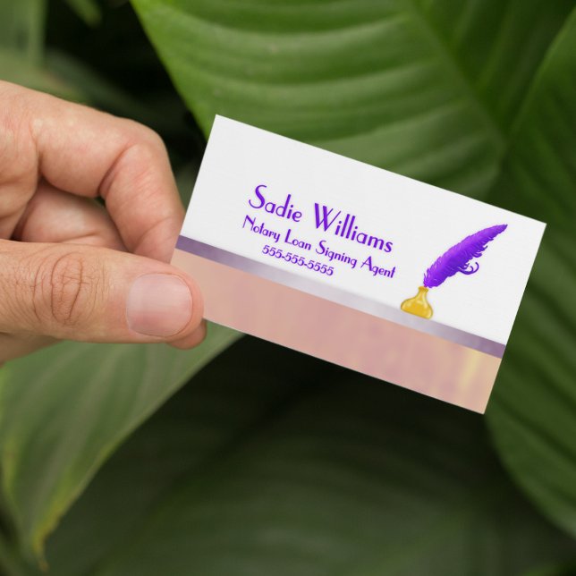 Elegant Notary Loan Signing Agent Purple Quill Business Card (Creator Uploaded)