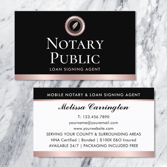 Elegant Notary Loan Signing Agent Rose Gold Black Business Card (Creator Uploaded)