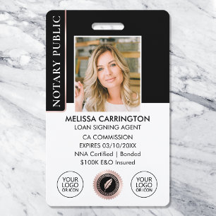 Elegant Notary Public ID Photo Black Rose Gold Badge