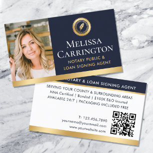 Elegant Notary Public Photo Dark Blue Gold Business Card