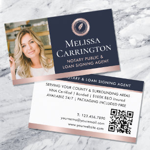 Elegant Notary Public Photo Dark Blue  Rose Gold  Business Card