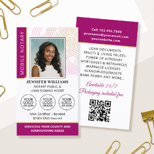 Elegant Notary Public Photo Logo Pink Business Card