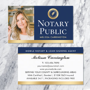 Elegant Notary Public Photo Navy Gold Business Card