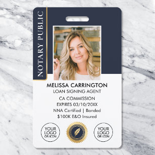 Elegant Notary Public Photo QR Blue Gold ID Badge