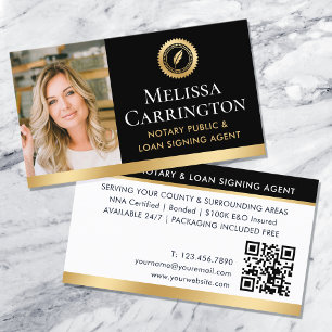 Elegant Notary Public Photo QR Code Black Gold Business Card