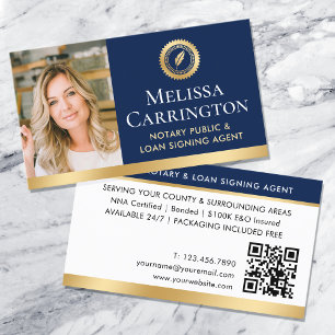 Elegant Notary Public Photo QR Code Navy Gold Business Card