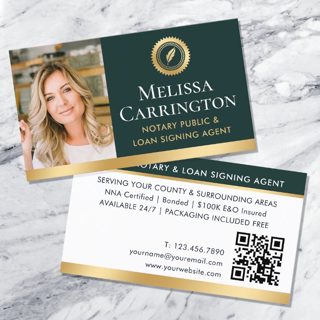 Elegant Notary Public Photo QR Gold Dark Green Business Card (Creator Uploaded)
