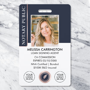 Elegant Notary Public Photo QR Logo Blue Rose Gold ID Badge