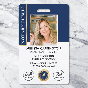 Elegant Notary Public Photo QR Navy Gold ID Badge
