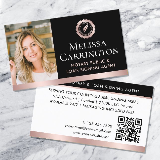 Elegant Notary Public Photo QR Rose Gold Black Business Card (Creator Uploaded)