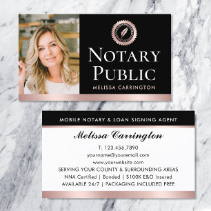 Elegant Notary Public Photo Rose Gold Black Business Card