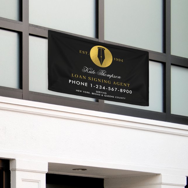 Elegant Notary Public Signing Agent Black Gold Banner (Outside Building)
