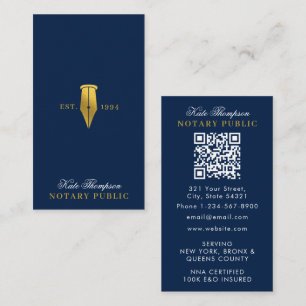 Elegant Notary Signing Agent QR Code Blue Gold Business Card