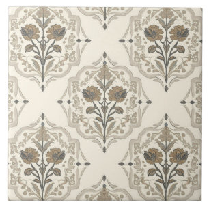 Elegant Nouveau Neutral Vintage Floral Motif Ceramic Tile