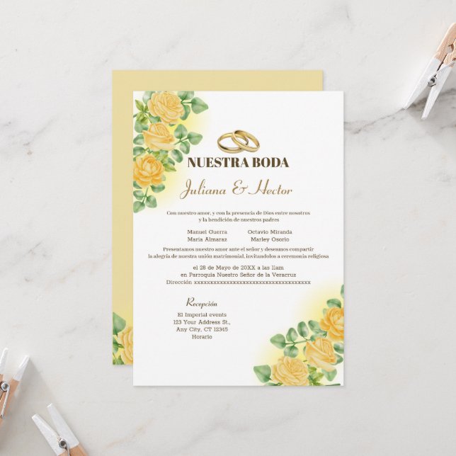 Elegant Nuestra Boda Yellow Floral Wedding  Invitation (Front/Back In Situ)