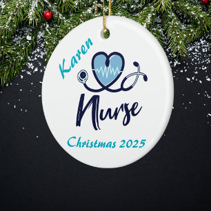 Elegant Nurse Blue Heart Personalise Ceramic Ornament