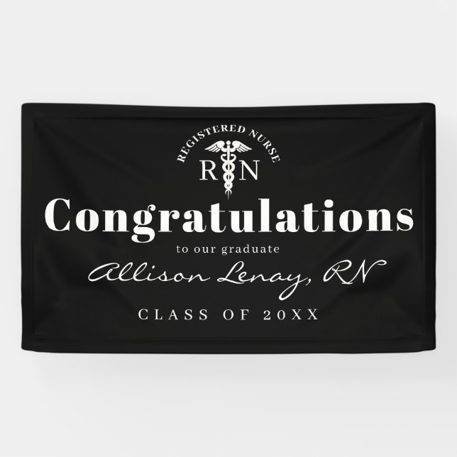 Elegant Nurse Graduation Black White Medical Name Banner (Horizontal)