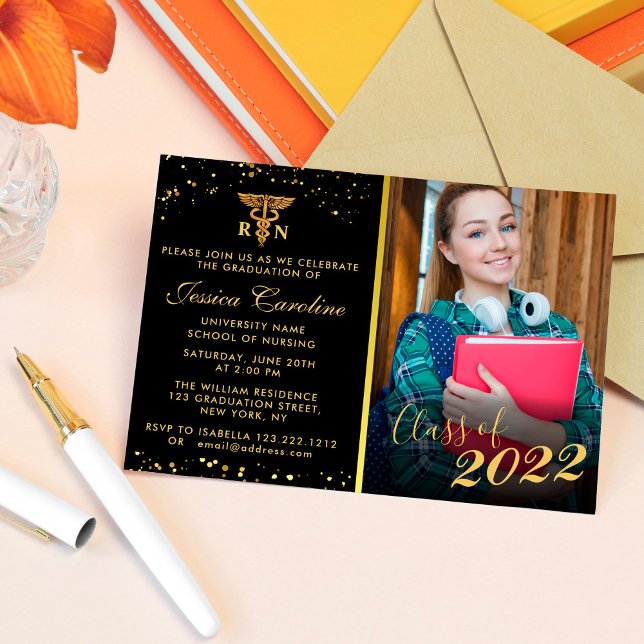 Elegant Nurse Graduation Golden Glitter With Photo Invitation (Creator Uploaded)