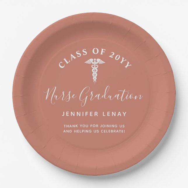 Elegant Nurse Graduation Party Terracotta Name Paper Plate (Front)