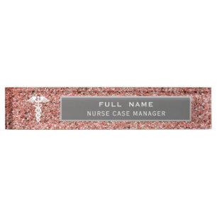 Elegant Nurse Medical Caduceus Rose Gold Glitter Nameplate