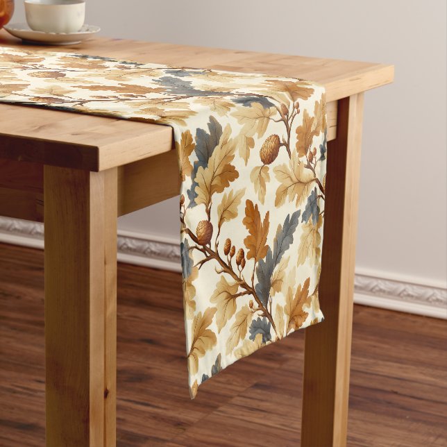 Elegant Oak Leaf & Pinecone Fall Pattern Short Table Runner (In Situ)