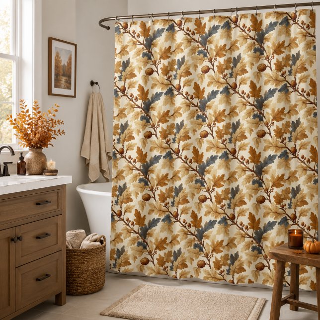 Elegant Oak Leaf & Pinecone Fall Pattern Shower Curtain (Creator Uploaded)