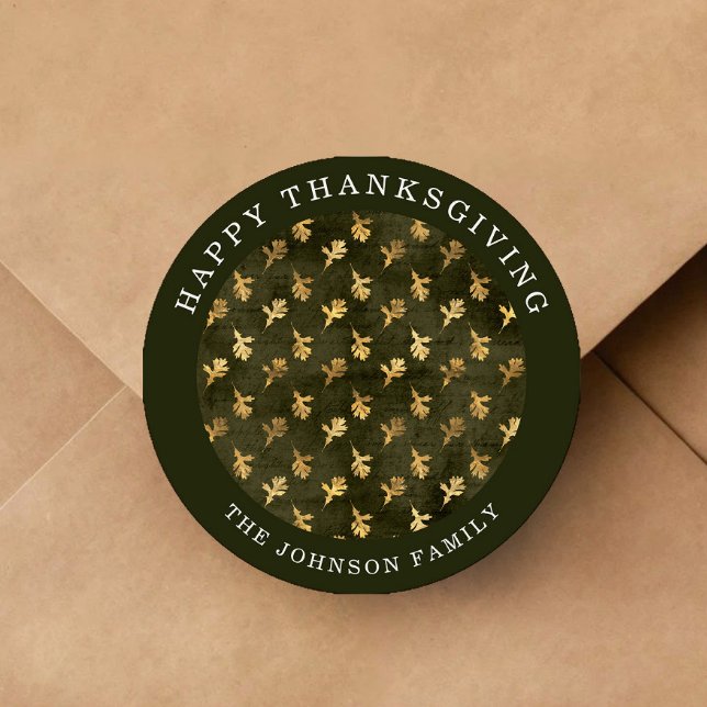 Elegant Oak Leaves Green Thanksgiving Classic Round Sticker (Elegant Oak Leaves Green Thanksgiving Classic Round Sticker)