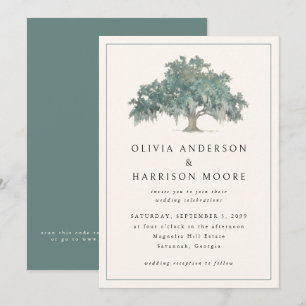 Elegant Oak Tree Green QR Code Southern Wedding Invitation