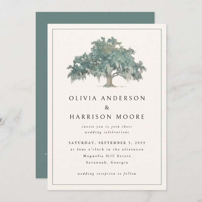 Elegant Oak Tree Green QR Code Southern Wedding Invitation (Front/Back)