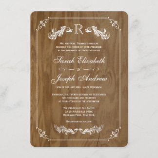 Elegant Oak Wood Monogram Wedding Invitations