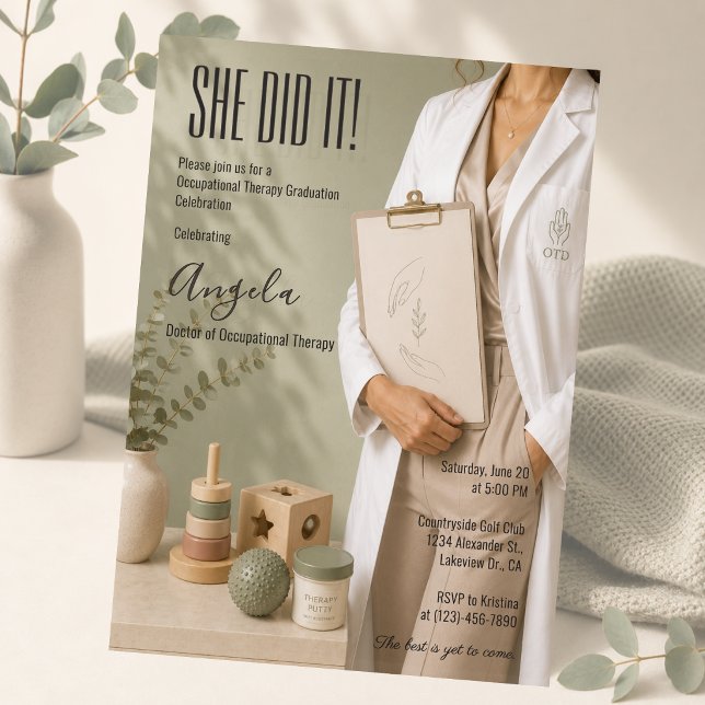 Elegant Occupational Therapy Graduation Invitation (Elegant sage green occupational therapy graduation invitation with calming luxury aesthetic.)