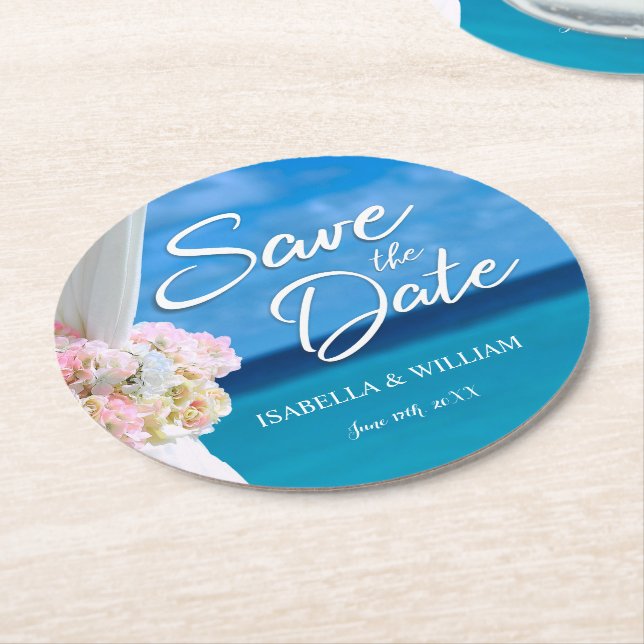 Elegant Ocean Beach Summer Save the Date Round Paper Coaster (Angled)
