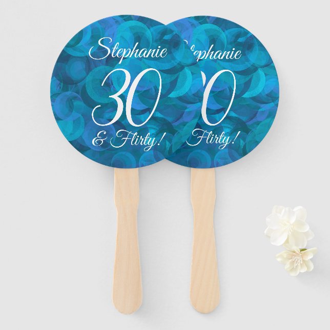 Elegant Ocean Blue 30 and Flirty Birthday Hand Fan (Front and Back)
