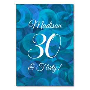 Elegant Ocean Blue 30 & Flirty Birthday Party Table Number