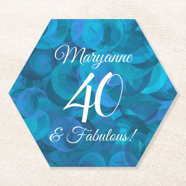 Elegant Ocean Blue 40 and Fabulous Birthday Party Paper Coaster (Front)