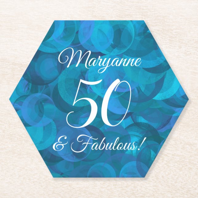 Elegant Ocean Blue 50 and Fabulous Birthday Party Paper Coaster (Front)