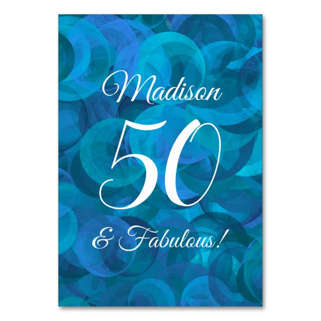 Elegant Ocean Blue 50 and Fabulous Birthday Party Table Number (Front)