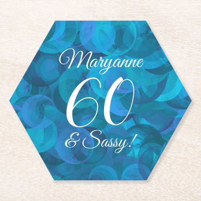Elegant Ocean Blue 60 and Sassy Birthday Party Paper Coaster (Front)