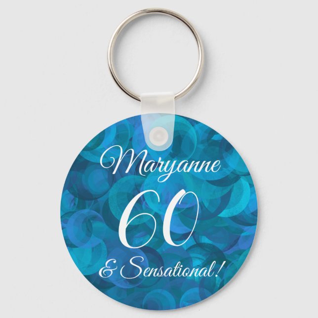 Elegant Ocean Blue 60 & Sensational Birthday Party Key Ring (Front)