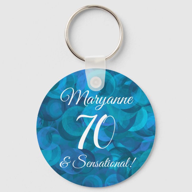 Elegant Ocean Blue 70 & Sensational Birthday Party Key Ring (Front)