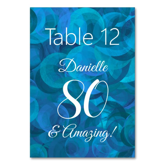 Elegant Ocean Blue 80 and Amazing Birthday Party Table Number (Front)