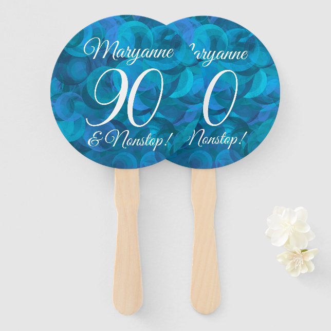Elegant Ocean Blue 90 and Nonstop Birthday Party Hand Fan (Front and Back)